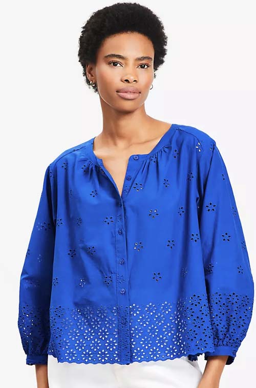 bright blue Eyelet peasant Blouse fountainof30