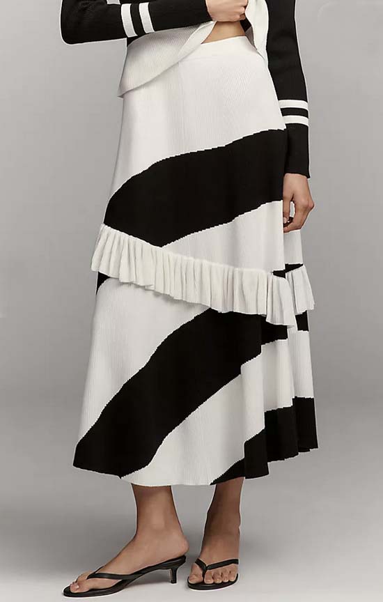 black and white structured midi skirt