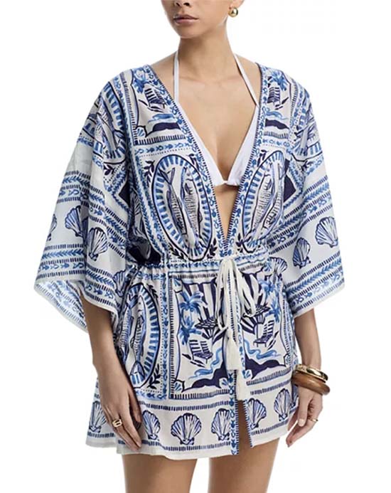 blue white Tile print short robe swim cover-up fountainof30