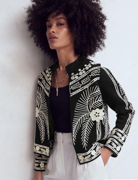 black and white embroidered crop jacket