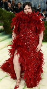 Lena Graham in red Valentino feather gown met gala 2026