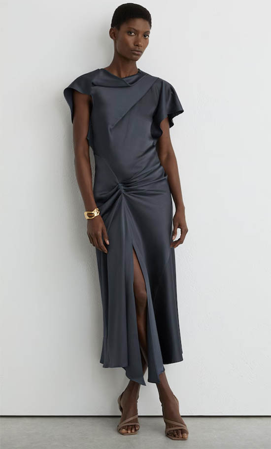 steel grey silk Satin Drape-Detail Midi Dress fountainof30