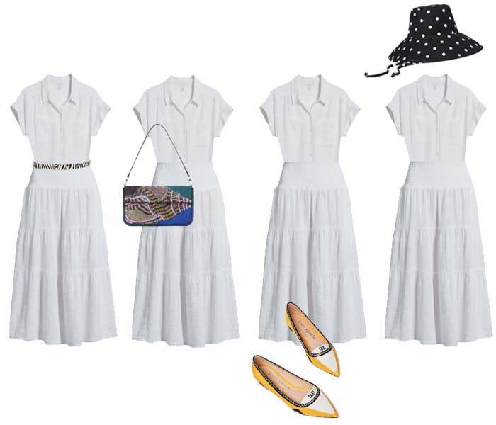 white cotton shirt and skirt with statement pieces fountainof30