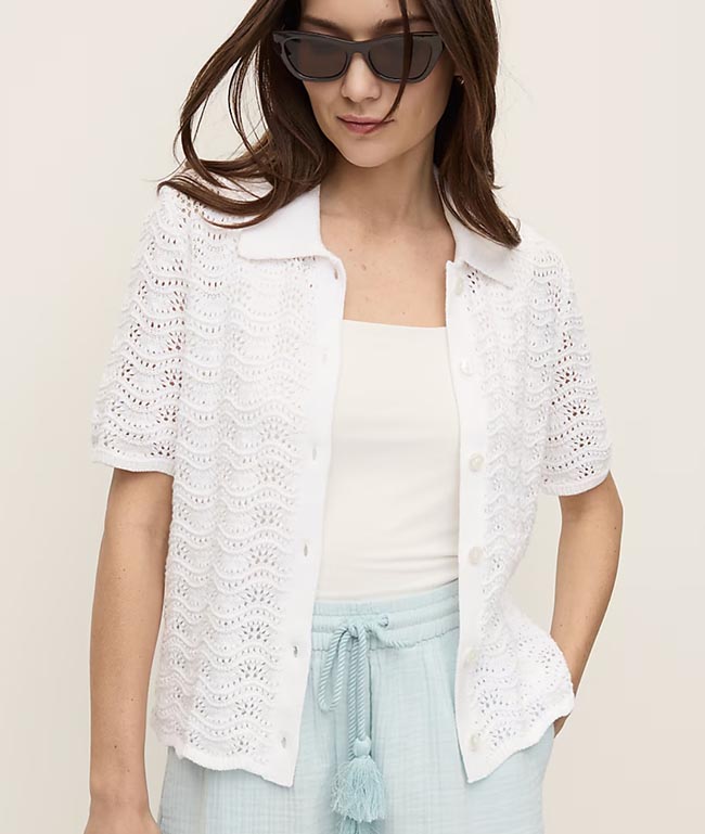 white Pointelle Short Sleeve Cardigan fountainof30