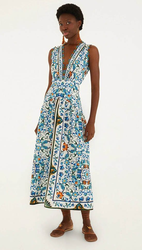 Farm Rio Off-White Flora Tile Scallop Maxi Dress