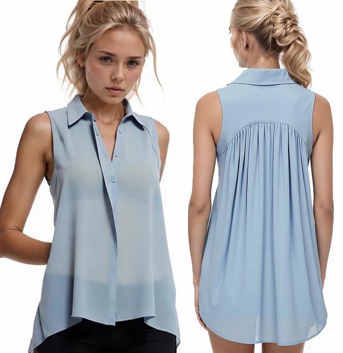 blue Pleated Back Sleeveless Sheer Shirt,