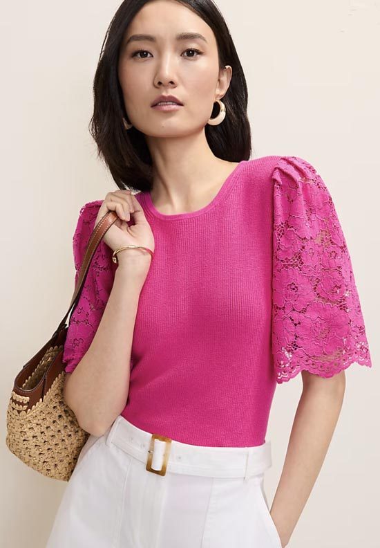 pink knit top with lace sleeves fountainof30
