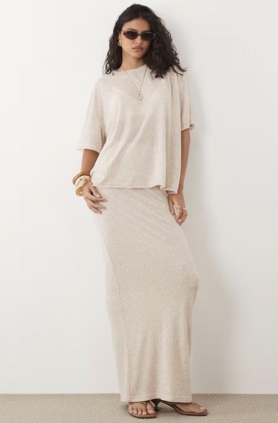 cream maxi skirt set for summer vacation