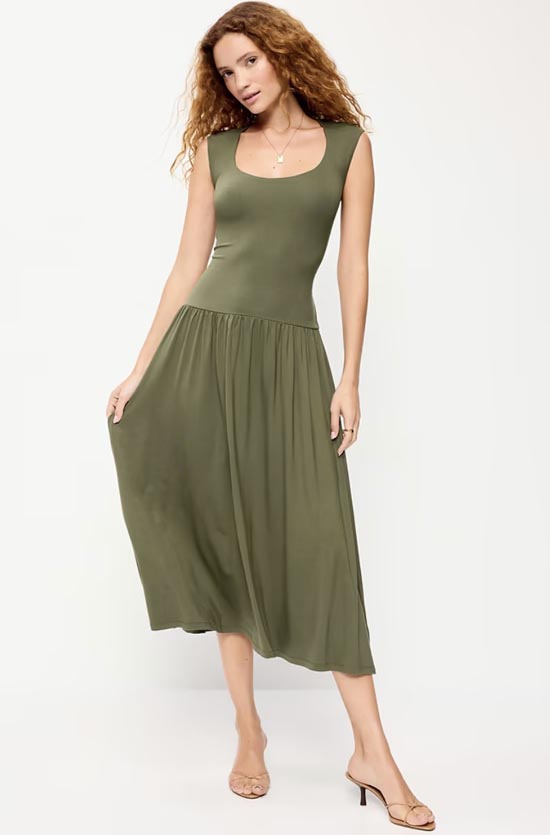 Jersey Knit Drop-Waist Midi Dress summer vacation clothes fountainof30