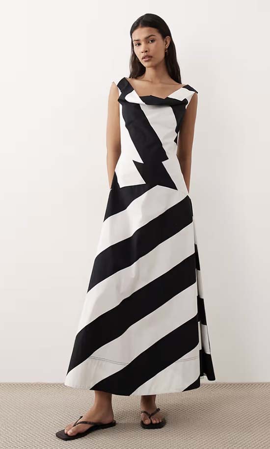  poplin maxi dress with draped neckline in black and white stripe fountainof30