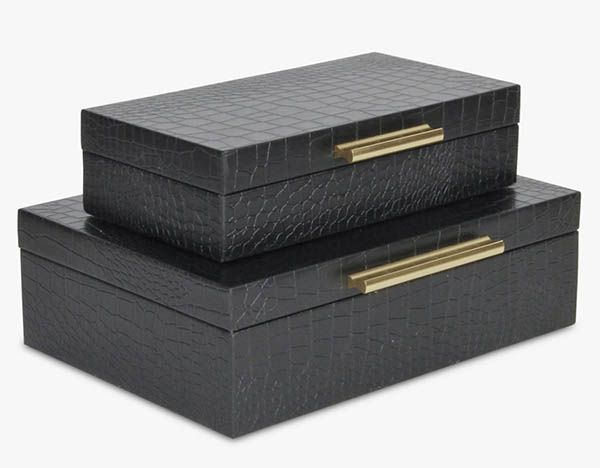 black crocodile-embossed leather boxes