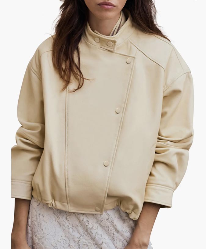 Mint Velvet Leather Cropped Pilot Bomber in yellow fountainof30