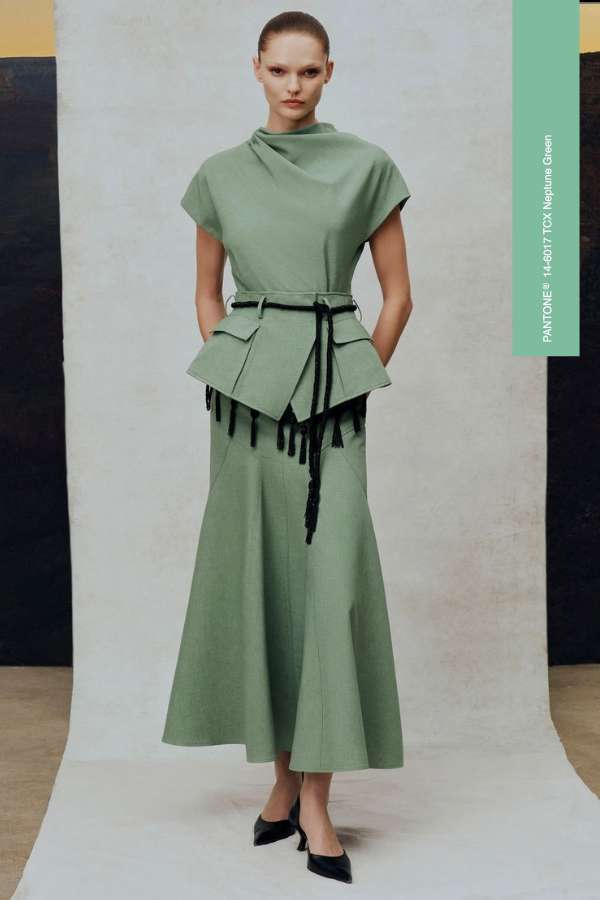 Neptune Green top and skirt shown at Lela Rose NYFW Fall 2026 fountainof30