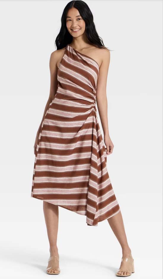 brow stripe Side Pleated Midi Dress
