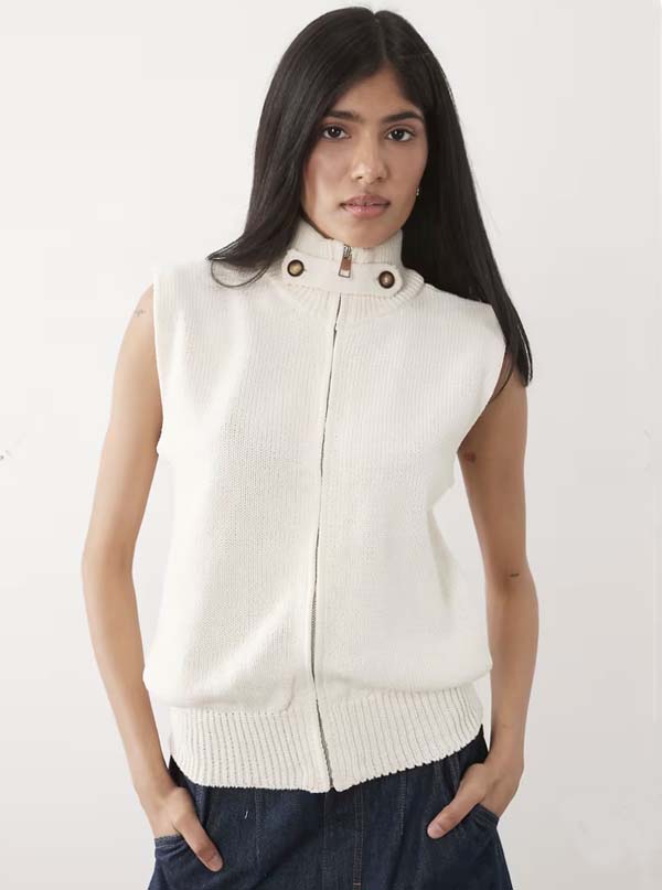 Funnel Neck Zip Up Jacket in Ecru