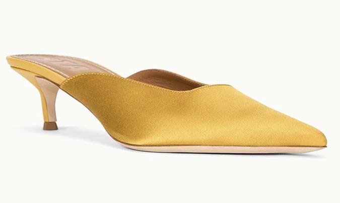 satin shoe trends Staud Sebastian Kitten Heel Mule Goldenrod fountainof30