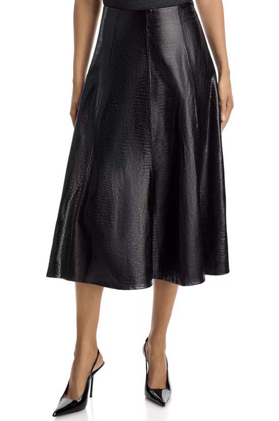 BLACK Croc Embossed Faux Leather Midi Skirt