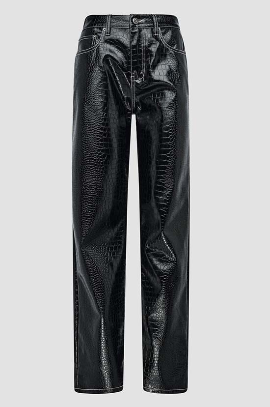 black Croc-Embossed Faux Leather Pants