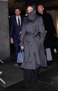 Victoria Beckham funnel neck trend charcoal trench coat