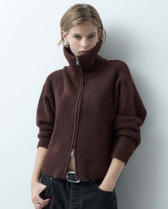 Chunky Knit Zip Funnel Neck Cardigan in Chocolate