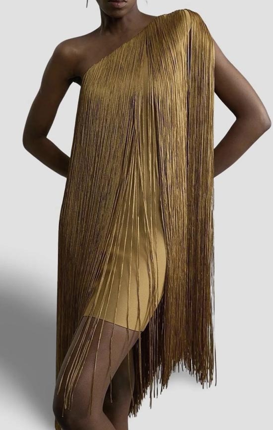 gold Asymmetric Draped Fringe Mini Dress fountainof30