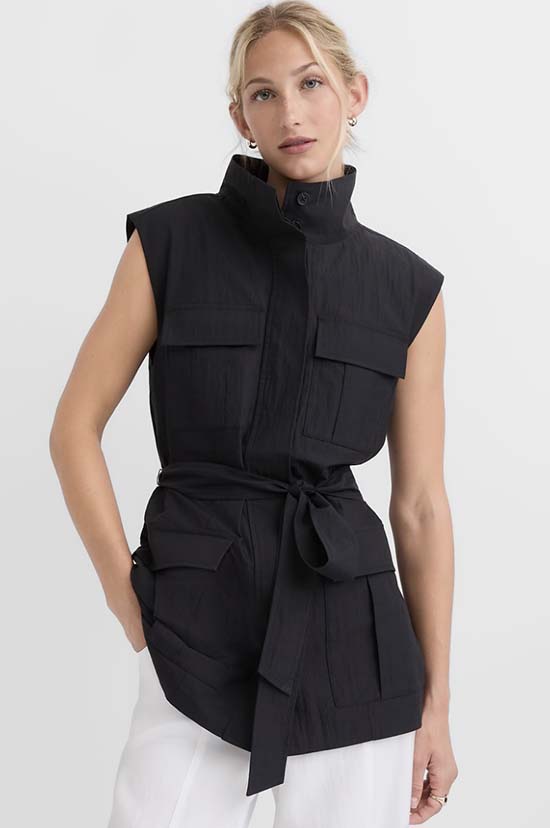 black Belted Funnel Neck Pocket Vest