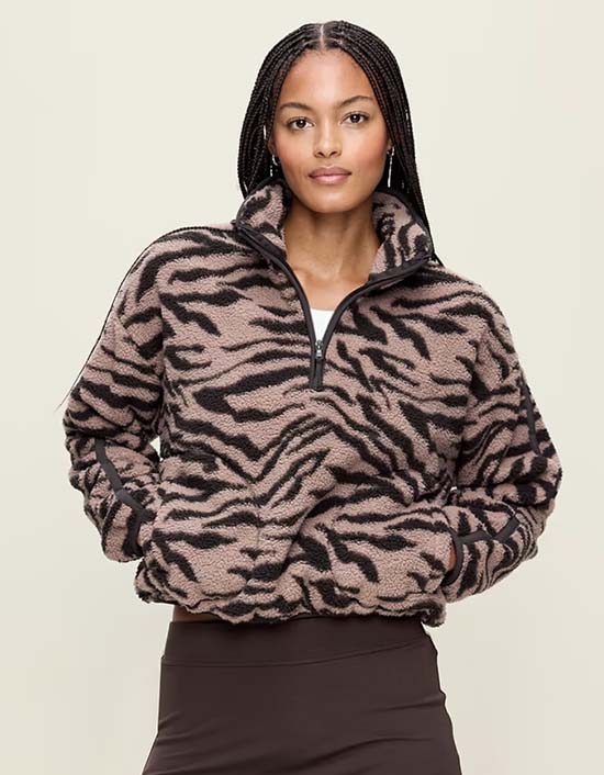 tiger print loose Sherpa Half-Zip Pullover