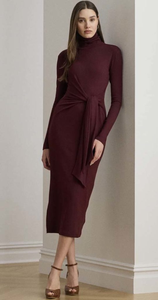 \ Long Sleeve Turtleneck Tie Front Dress in Burgundy,