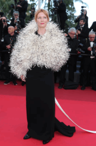 Sandra Huller huge feather jacket with gown