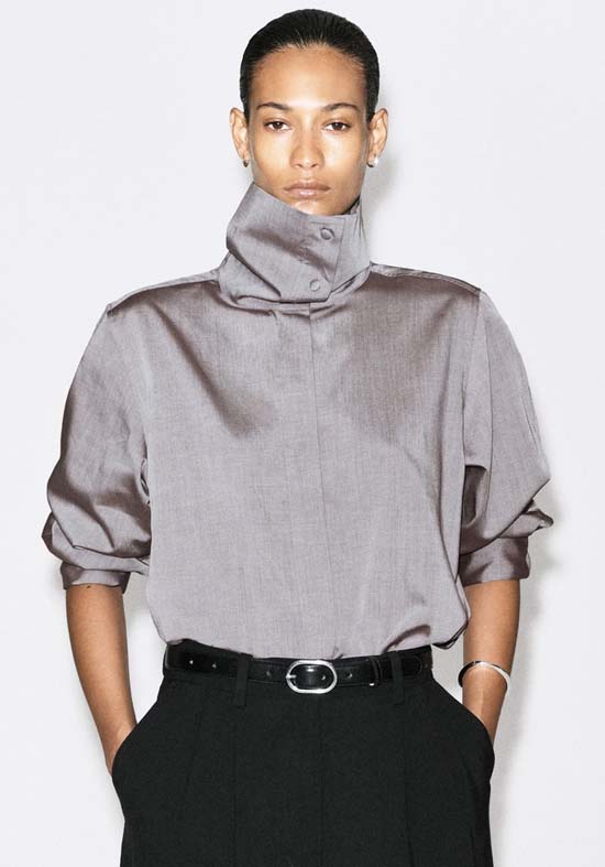 Mock-Neck Lyocell-Cotton Shirt in silver grey